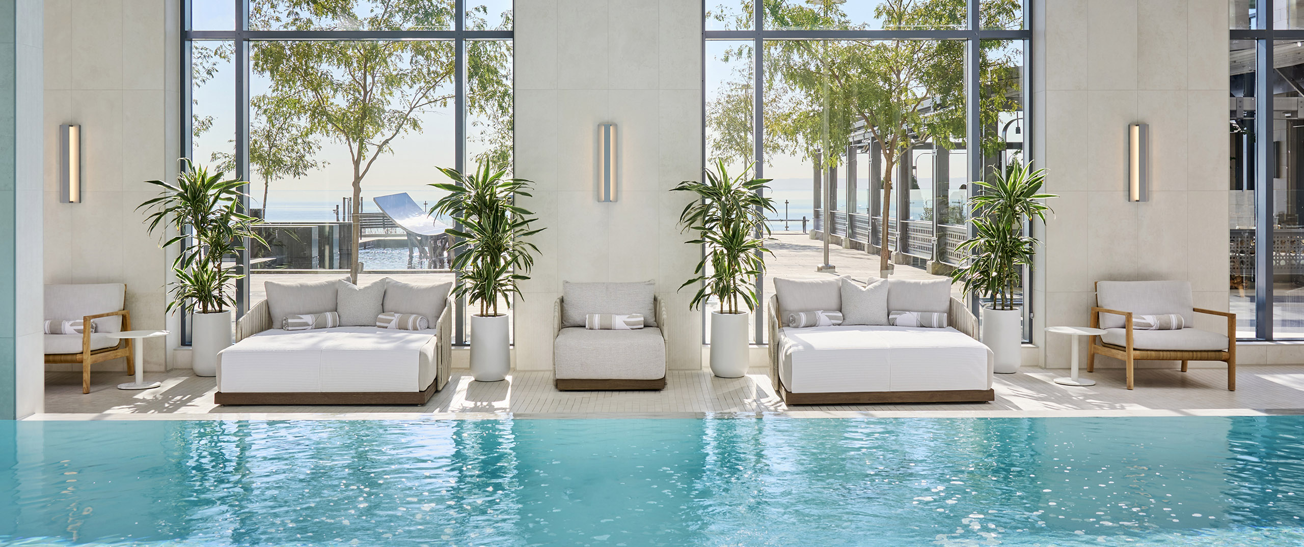 Indoor pool overlooking Lake Ontario at The Pearle Hotel in Burlington Ontario