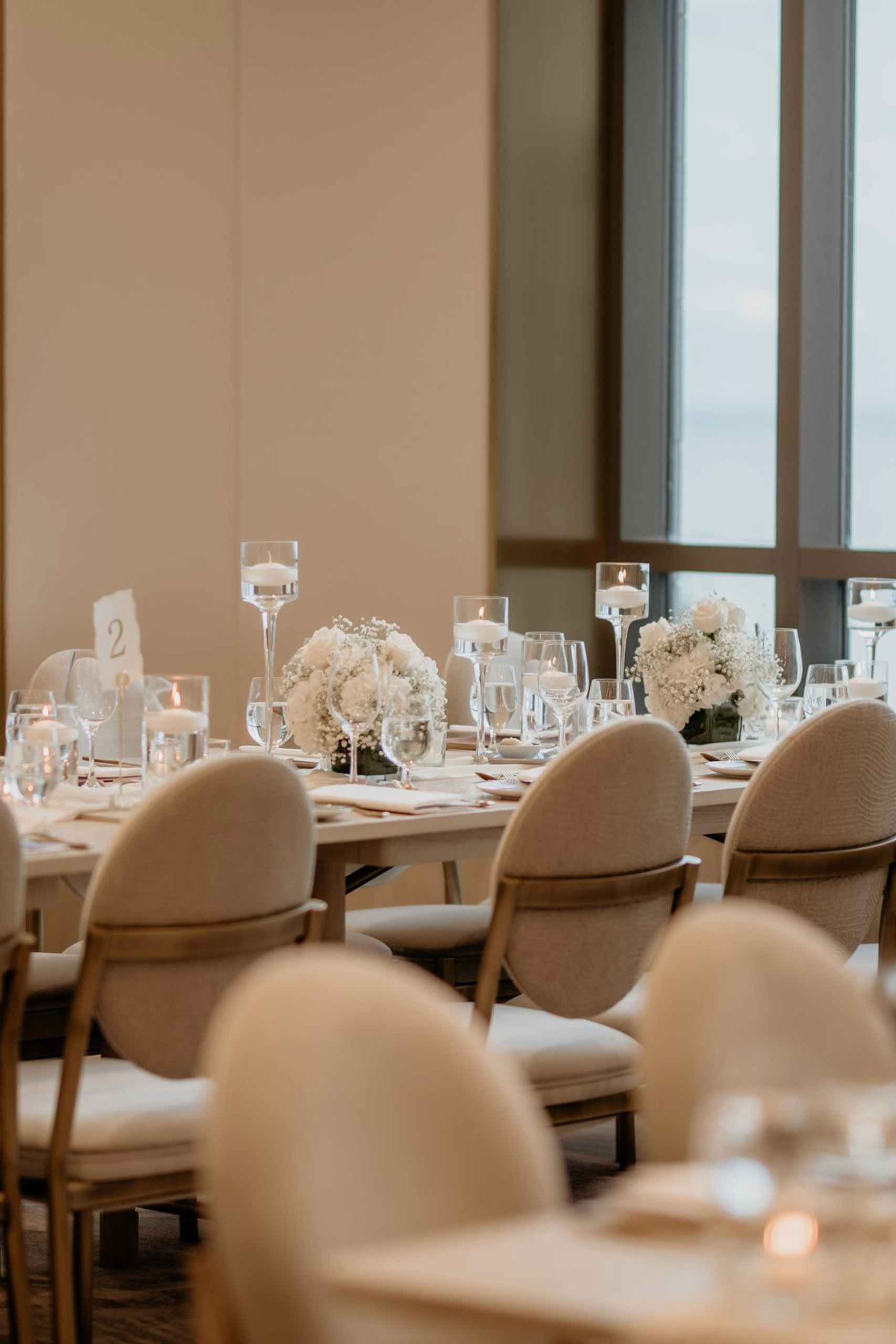 Closeup of table setting in the Edgewater wedding venue at The Pearle Hotel