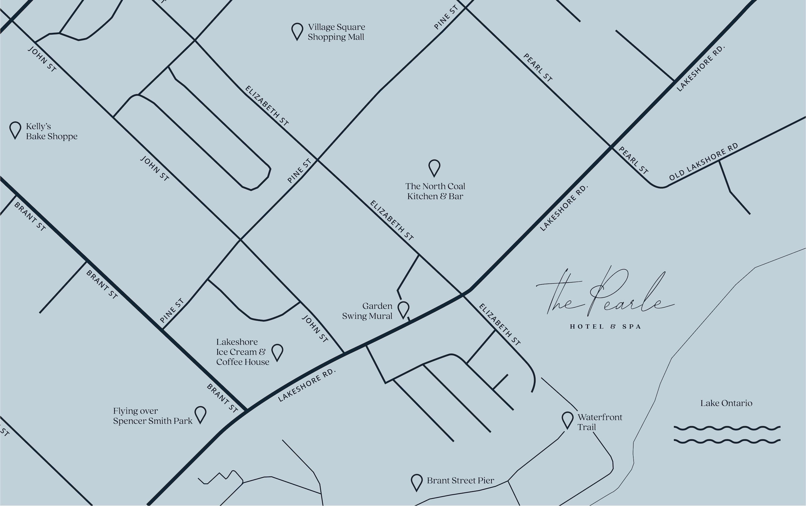 Styled map of The Pearle Hotel and surrounding area