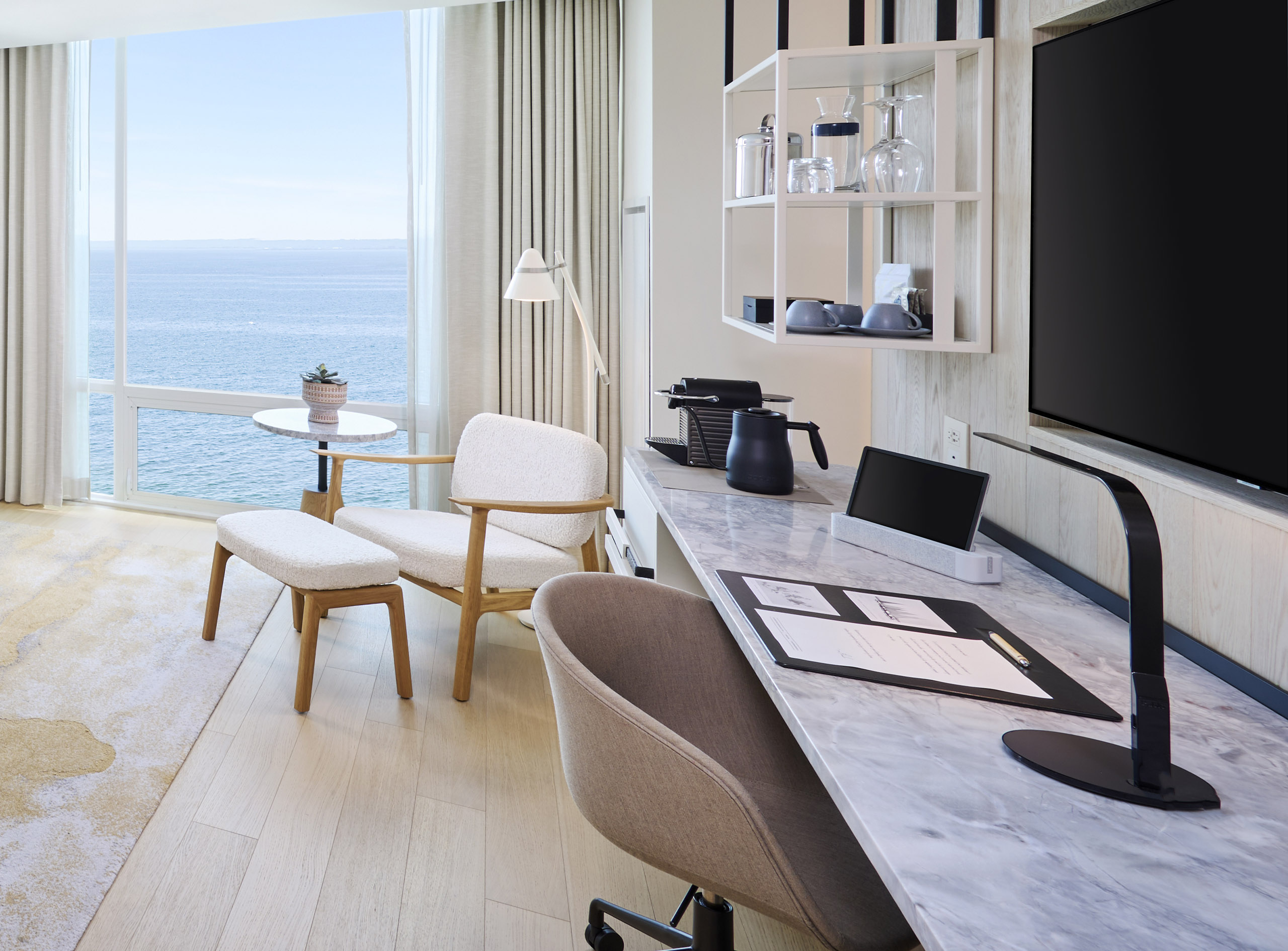 Close up of desk area in the Studio Suite at The Pearle Hotel